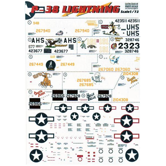 DECAL 1/72 FOR P-38 LIGHTNING 1/72 PRINT SCALE 72-016