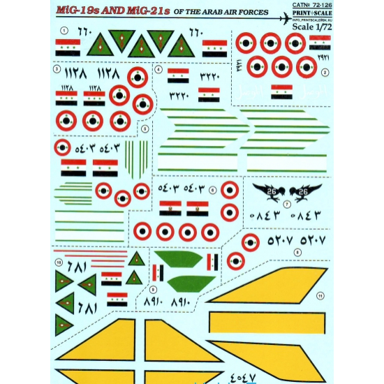 DECAL FOR MIG-19S AND MIG-21S OF THE ARAB AIR FORCE 1/72 PRINT SCALE 72-126