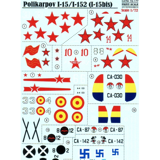 DECAL FOR POLIKARPOV I-15/I-152 (I-15BIS) 1/72 PRINT SCALE 72-177