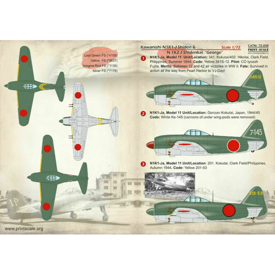 DECAL FOR KAWANISHI N1K1-J SHIDEN AND N1K2-J SHIDENKAI GEORGE 1/72 PRINT SCALE 72-208