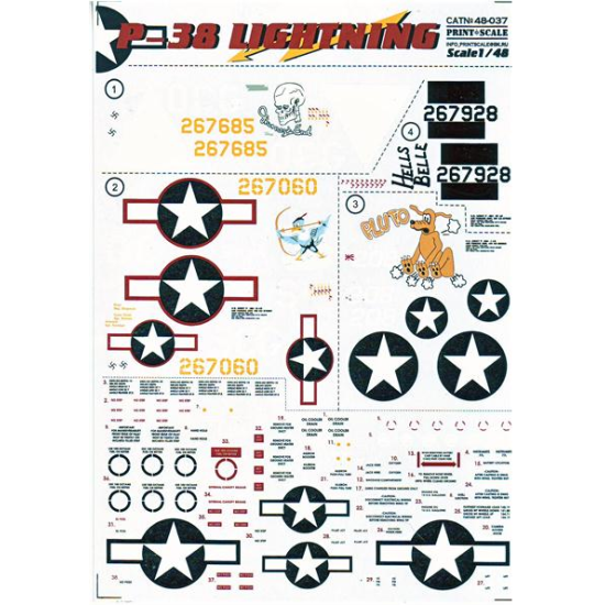 DECAL FOR JET FIGHTER P-38 LIGHTNING PART 2 1/48 PRINT SCALE 48-037