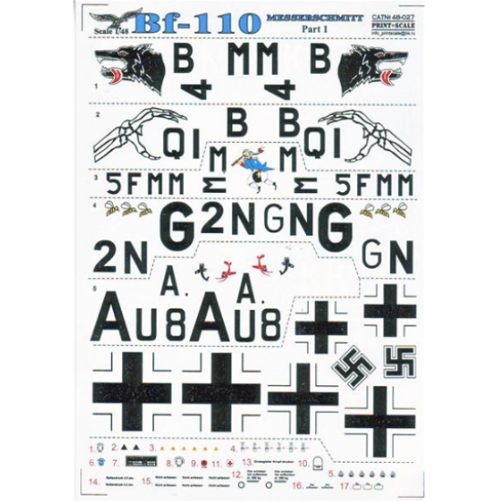 DECAL FOR JET FIGHTER MESSERSCHMITT ME-110 PART 1 1/48 PRINT SCALE 48-027