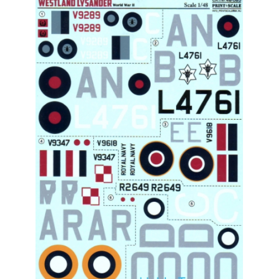 DECAL FOR WESTLAND LYSANDER 1/48 PRINT SCALE 48-083