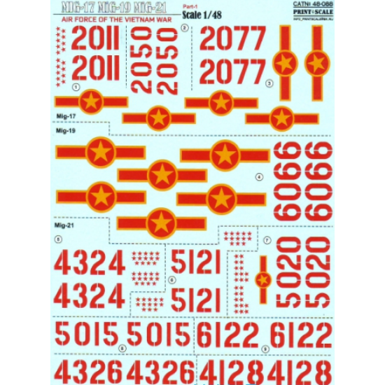 DECAL FOR NORTH VIETNAMESE MIGS (MIG 17,MIG 19,MIG 21) OF THE VIETNAM WAR, PART 1 1/48 PRINT SCALE 48-088