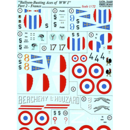 DECAL FOR BALLOON-BUSTING ACES OF WWI, PART 2 - FRANCE 1/72 PRINT SCALE 72-225 DECAL FOR BALLOON-BUSTING ACES OF WWI, PART 2 - FRANCE 1/72 PRINT SCALE 72-225