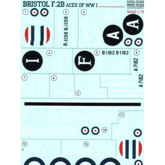 DECAL FOR BRISTOL F.2B ACES OF WWI 1/72 PRINT SCALE 72-234