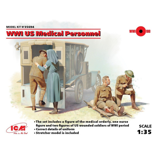 WWI US MEDICAL PERSONNEL 4 FIGURES AND MODEL STRETCHER 1/35 ICM 35694