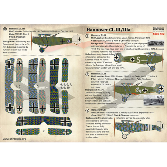 DECAL 1/72 FOR HANNOVER CL.LLL/LLLA PRINT SCALE 72-294