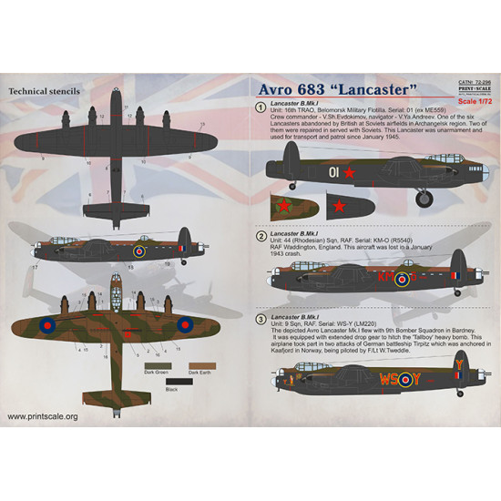 DECAL 1/72 FOR AVRO 683 LANCASTER PRINT SCALE 72-296