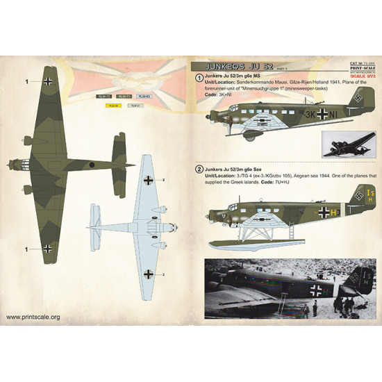 DECAL 1/72 FOR JUNKERS JU 52 PART-3 PRINT SCALE 72-299