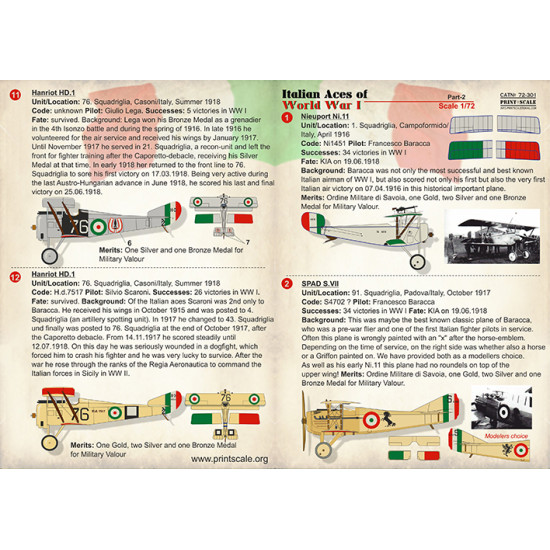 DECAL 1/72 FOR ITALIAN ACE SOF WW I PART-2 PRINT SCALE 72-301