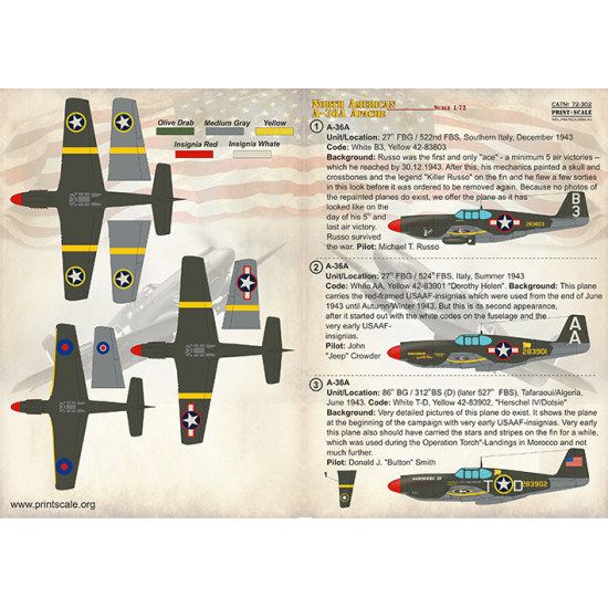 DECAL 1/72 FOR A-36A APACHE PRINT SCALE 72-302