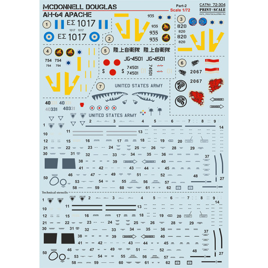 DECAL 1/72 FOR MCDONNELL DOUGLAS AH-64 APACHE PART-2 PRINT SCALE 72-304