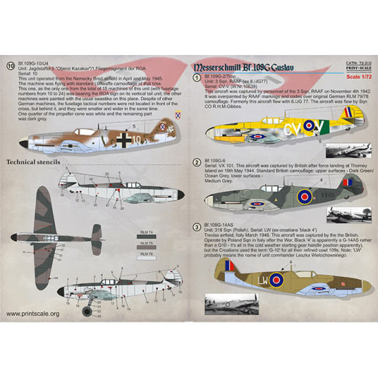 DECAL 1/72 FOR BF-109 G GUSTAV PRINT SCALE 72-310