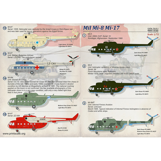 DECAL 1/72 FOR MIL MI-8 MI-17 PRINT SCALE 72-311