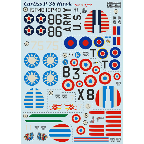 DECAL 1/72 FOR CURTISS P-36 HAWK PRINT SCALE 72-315