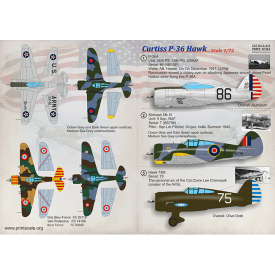DECAL 1/72 FOR CURTISS P-36 HAWK PRINT SCALE 72-315