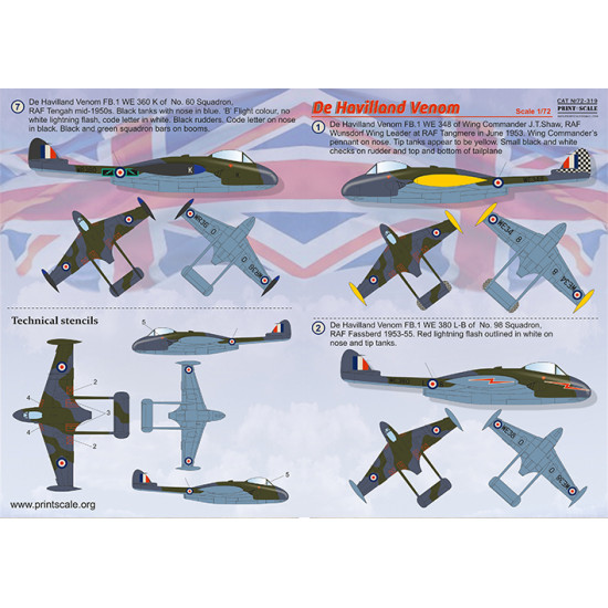 DECAL 1/72 FOR DE HAVILLAND VENOM PRINT SCALE 72-319