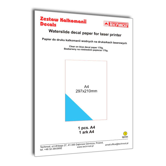 Techmod 10111 Waterslide Decal Paper For Laser Printer Wet Decal A4 Sheet Blue