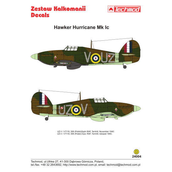 Techmod 24004 1/24 Hawker Hurricane Mk I Raf Polish Ternhill Fighter Wet Decal