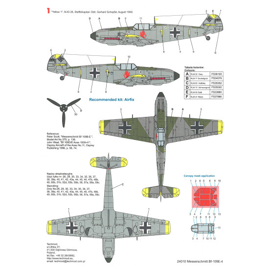 Techmod 24010 1/24 Messerschmitt Bf 109e-4 German Aircraft Wet Decal With Masks