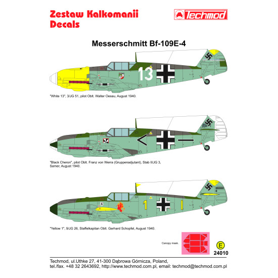 Techmod 24010 1/24 Messerschmitt Bf 109e-4 German Aircraft Wet Decal With Masks