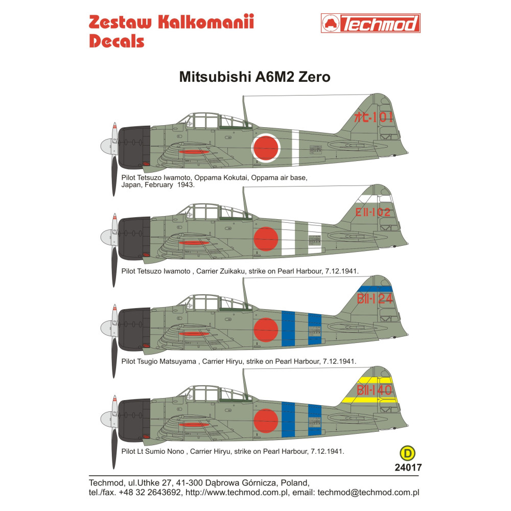 Techmod 24017 1/24 Mistubishi A6m2 Zero Japan Pilots 1941-43