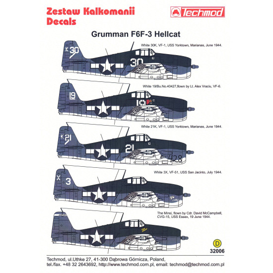 Techmod 32006 1/32 Grumman F6f-3 Hellcat England 1944 Fighter Wet Decal