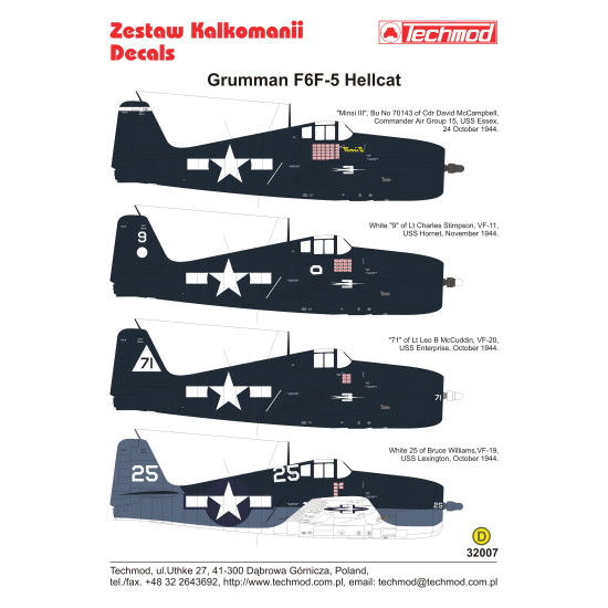 Techmod 32007 1/32 Grumman F6f-5 Hellcat England 1944 Fighter Wet Decal