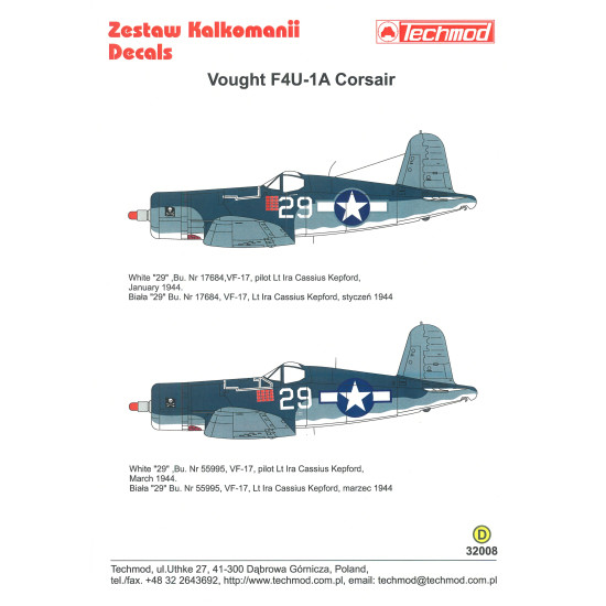 Techmod 32008 1/32 Vought F4U-1A Corsair 1944 aircraft wet decal WWII