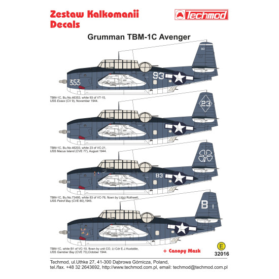 Techmod 32016 1/32 Grumman Tbm-1c Avenger 1944-1945 Usaf Aircraft Wet Decal Wwii