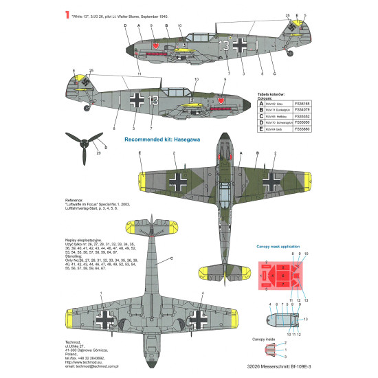 Techmod 32026 1/32 Messerschmitt Bf 109e-3 1939-1940 Aircraft Wet Decal W/Masks