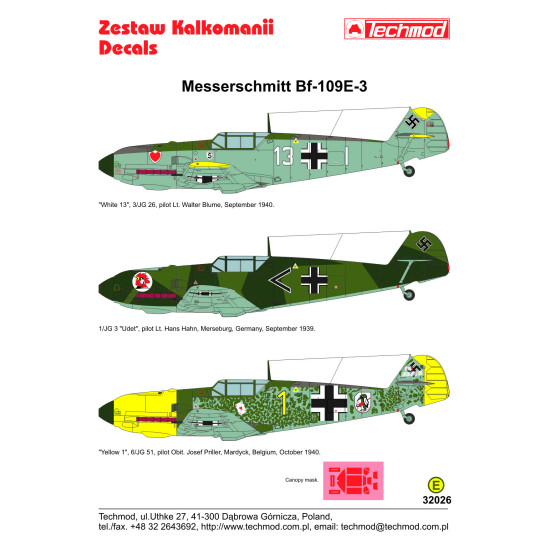 Techmod 32026 1/32 Messerschmitt Bf 109e-3 1939-1940 Aircraft Wet Decal W/Masks