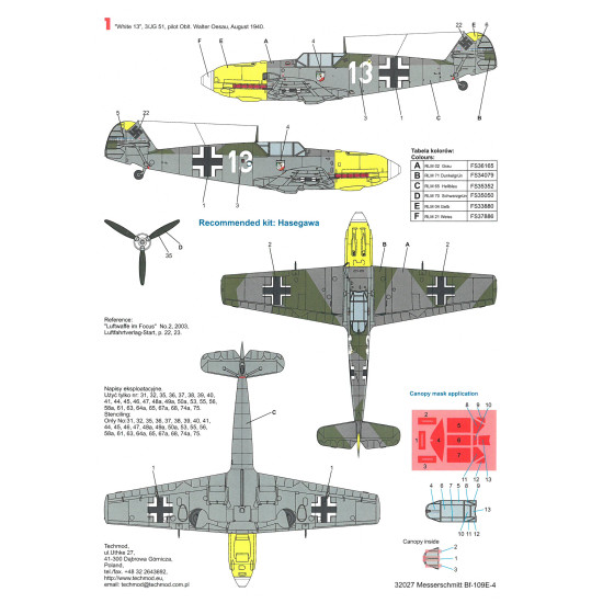 Techmod 32027 1/32 Messerschmitt Bf 109e-4 1940 Aircraft Wet Decal W/Masks