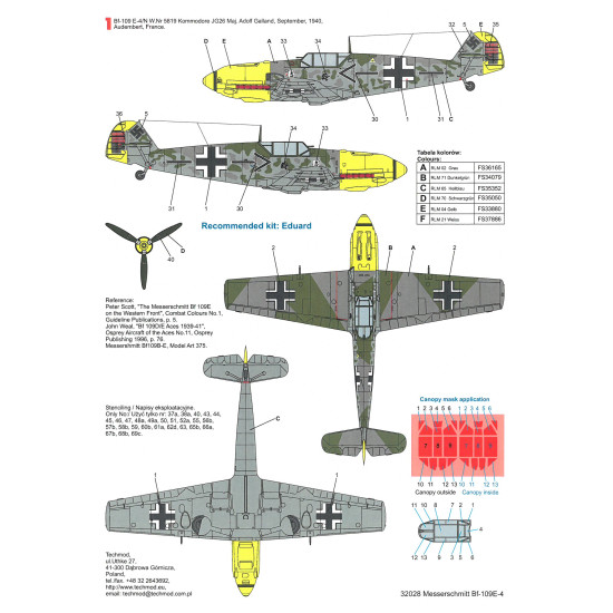 Techmod 32028 1/32 Messerschmitt Bf 109e-4 1940 Aircraft Wet Decal W/Masks