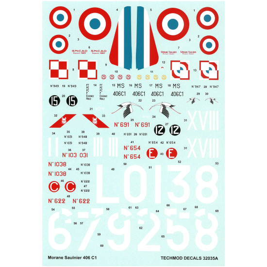 Techmod 32035 1/32 Morane Saulnier Ms 406c1 1940 French Fighter Aircraft Wet Decal Wwii