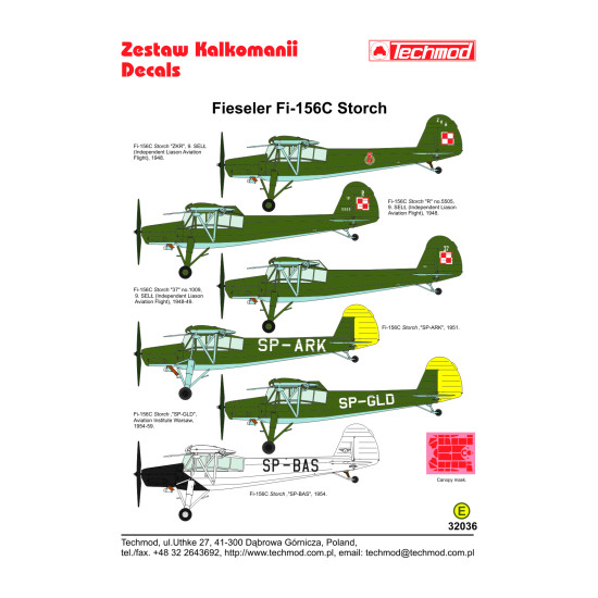 Techmod 32036 1/32 Fieseler Fi 156c Storch German Liaison Aircraft Wet Decal W/Mask