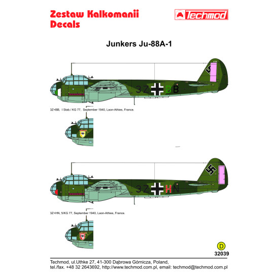 Techmod 32039 1/32 Junkers Ju 88a-1 German Aircraft France 1940 Wet Decal