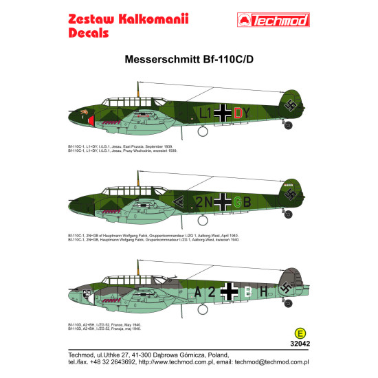 Techmod 32042 1/32 Messerschmitt Bf 110c/D German Aircraft Wet Decal Wwii