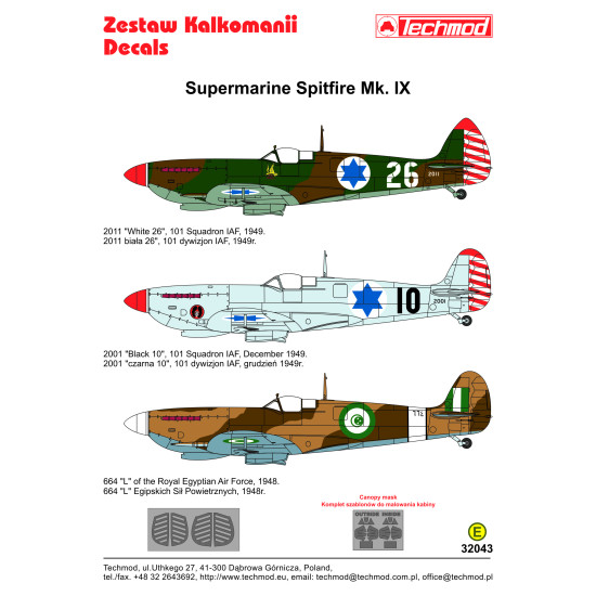 Techmod 32043 1/32 Supermarine Spitfire Ix 1948-1949 Israeli Aircraft Wet Decal