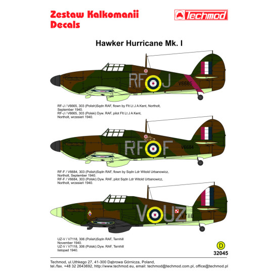 Techmod 32045 1/32 Hawker Hurricane I British Fighter Polish 1940 Wet Decal Wwii