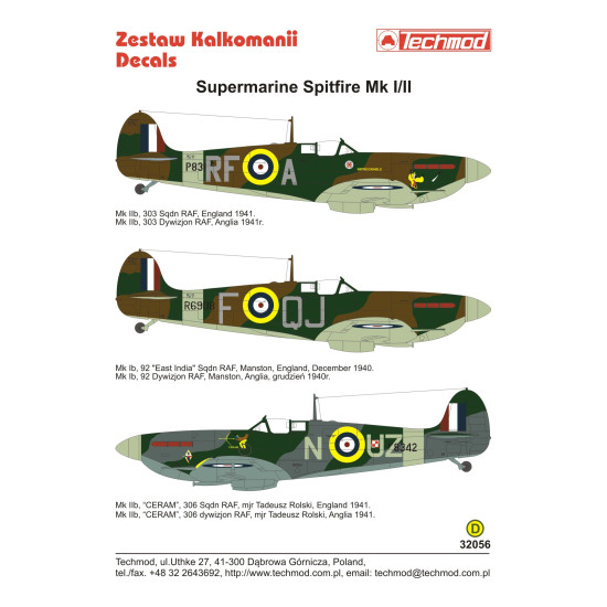 Techmod 32056 1/32 Spitfire Mk I/Iib Fighter Wet Decal Wwii England 1940-41