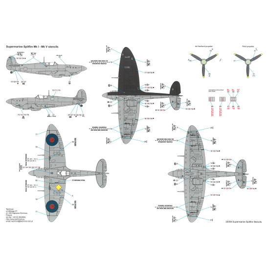 Techmod 32059 1/32 Spitfire Mk I Stencils Fighter Aircraft Wet Decal Techmod 32059 1/32 Spitfire Mk I Stencils Fighter Aircraft Wet Decal