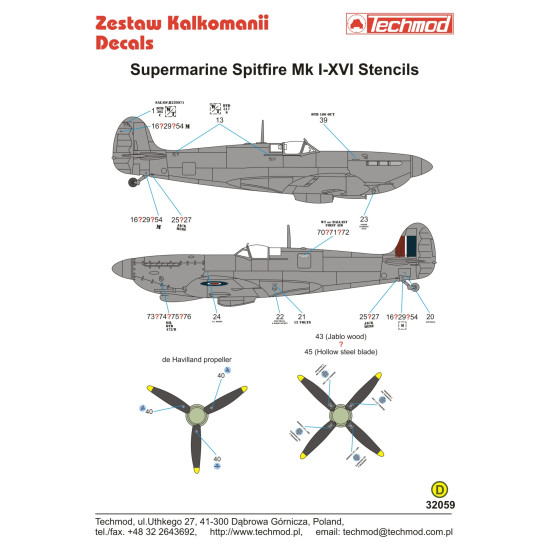 Techmod 32059 1/32 Spitfire Mk I Stencils Fighter Aircraft Wet Decal Techmod 32059 1/32 Spitfire Mk I Stencils Fighter Aircraft Wet Decal