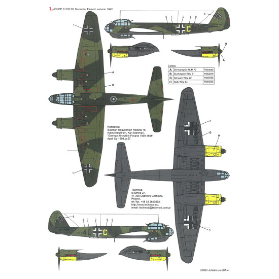 Techmod 32060 1/32 Junkers Ju-88a-4 1942-1944 Finland Aircraft Wet Decal Wwii