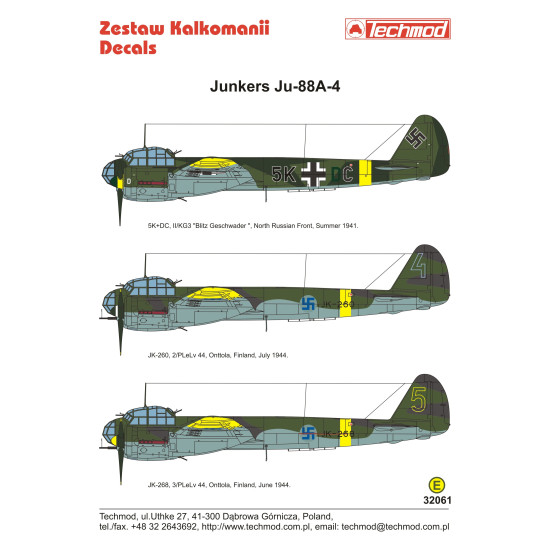 Techmod 32061 1/32 Junkers Ju-88a-4 German Fighter Aircraft Wet Decal Wwii