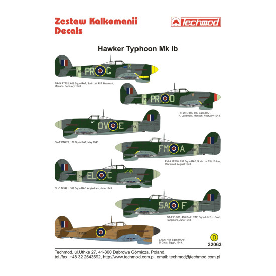 Techmod 32063 1/32 Typhoon Mk Ib 1943 Raf Aircraft Wet Decal Wwii