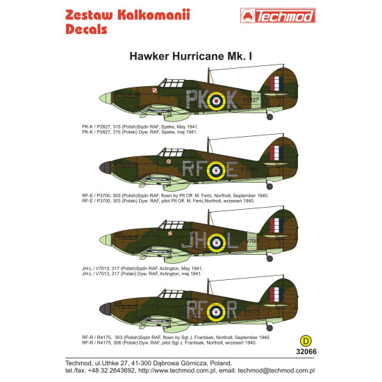 Techmod 32066 1/32 Hurricane Mk I Fighter Polish 1940-1941 Wet Decal Wwii