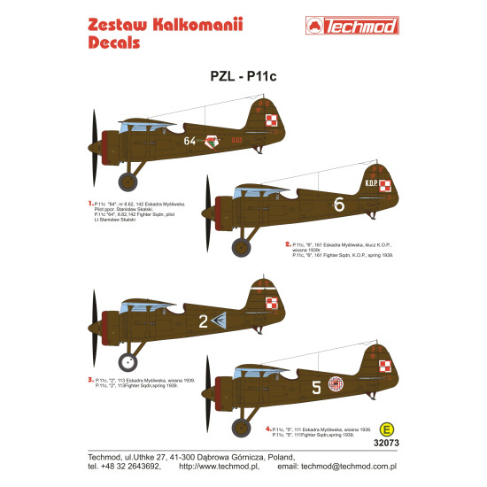 Techmod 32073 1/32 Pzl P-11c 1939 Polish Fighter Aircraft Wet Decal Wwii