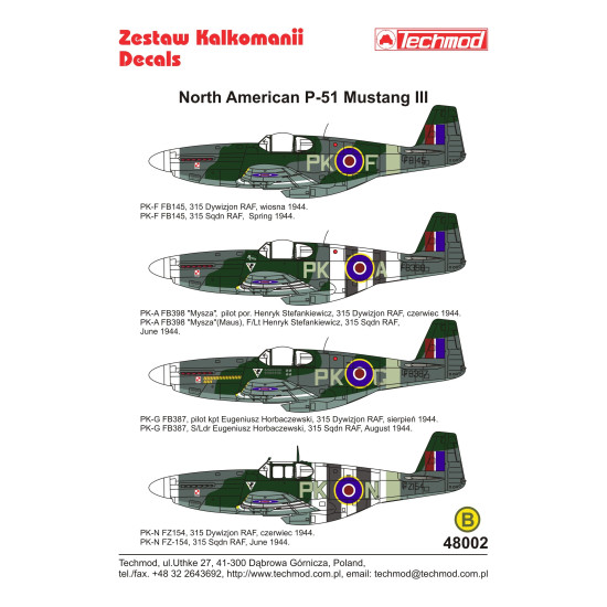 Techmod 48002 1/48 North American P-51 Mustang Iii Polish 1944 Wet Decal W/Pe